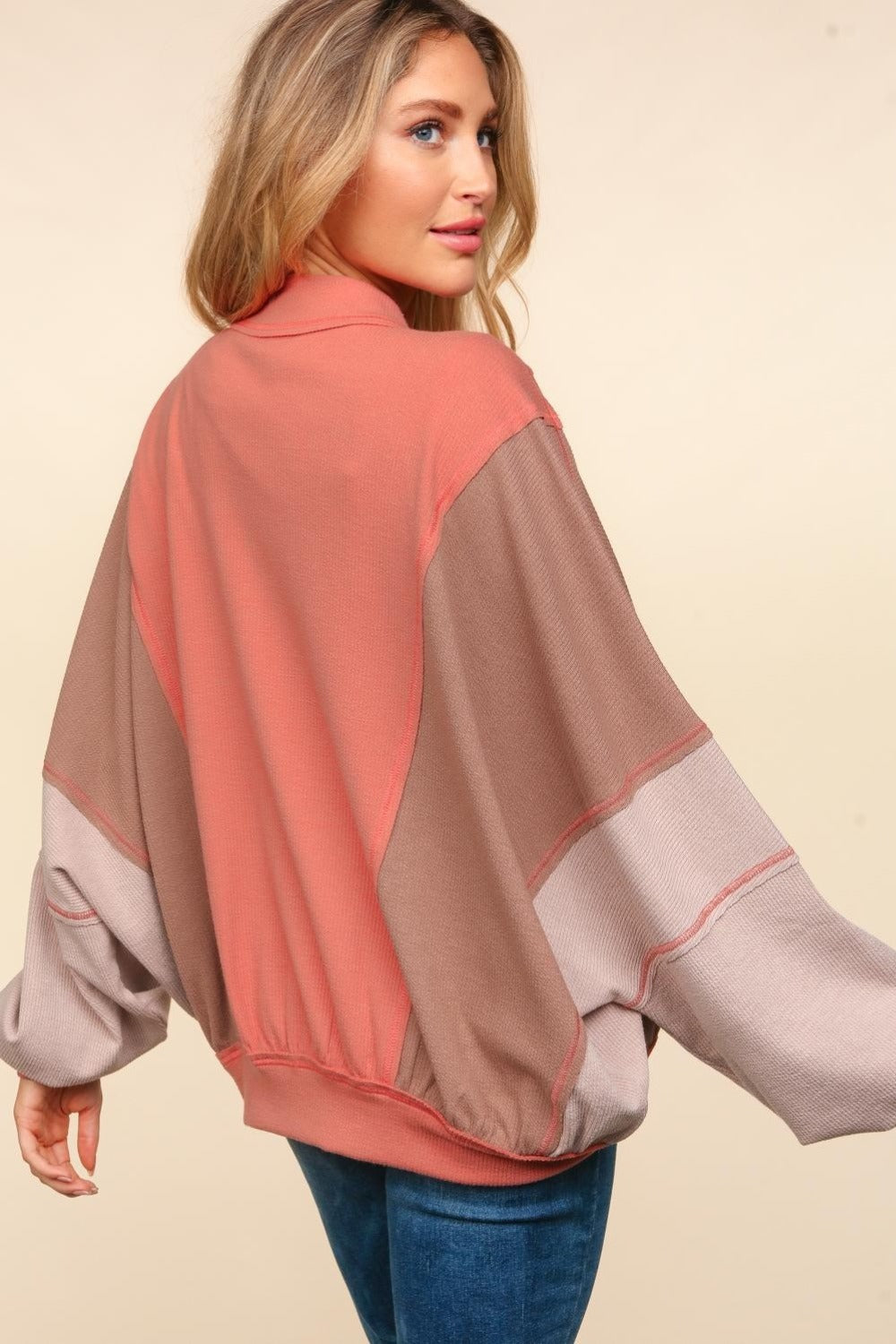 Haptics Zip Up Color Block Bomber Jacket with Side Pockets Haptics Zip Up Color Block Bomber Jacket with Side Pockets