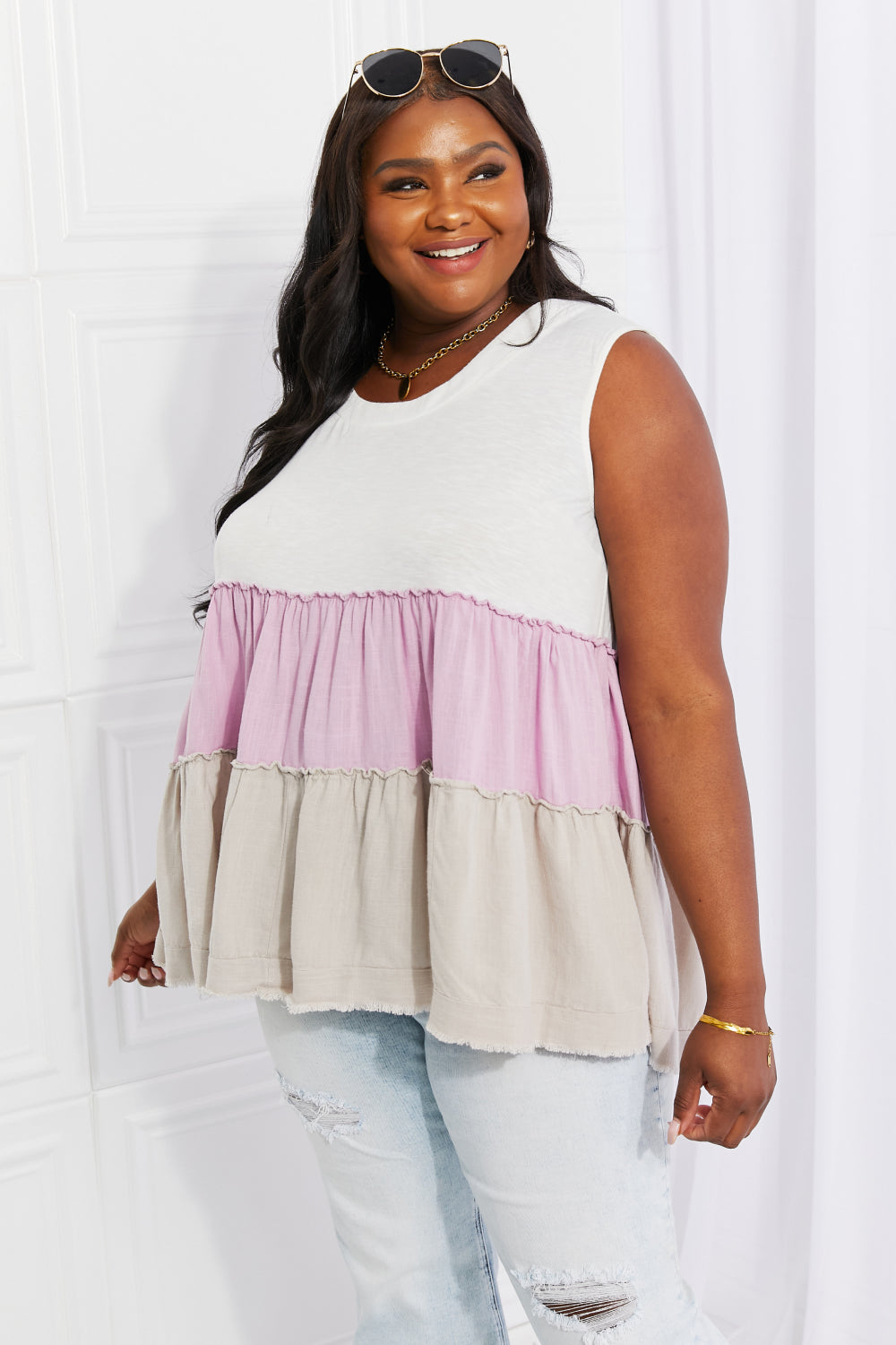 White Birch Full Size Watching the Sunset Color Block Babydoll Top White Birch Full Size Watching the Sunset Color Block Babydoll Top - TopFashionHQ