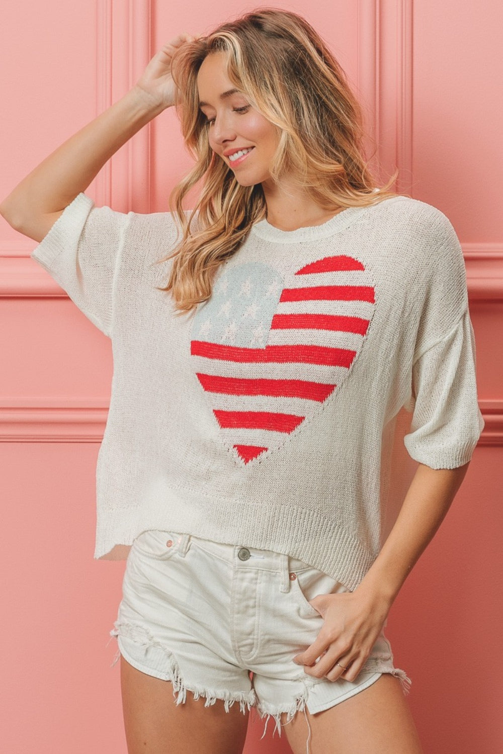 BiBi Striped Heart Contrast Knit Top BiBi Striped Heart Contrast Knit Top - TopFashionHQ