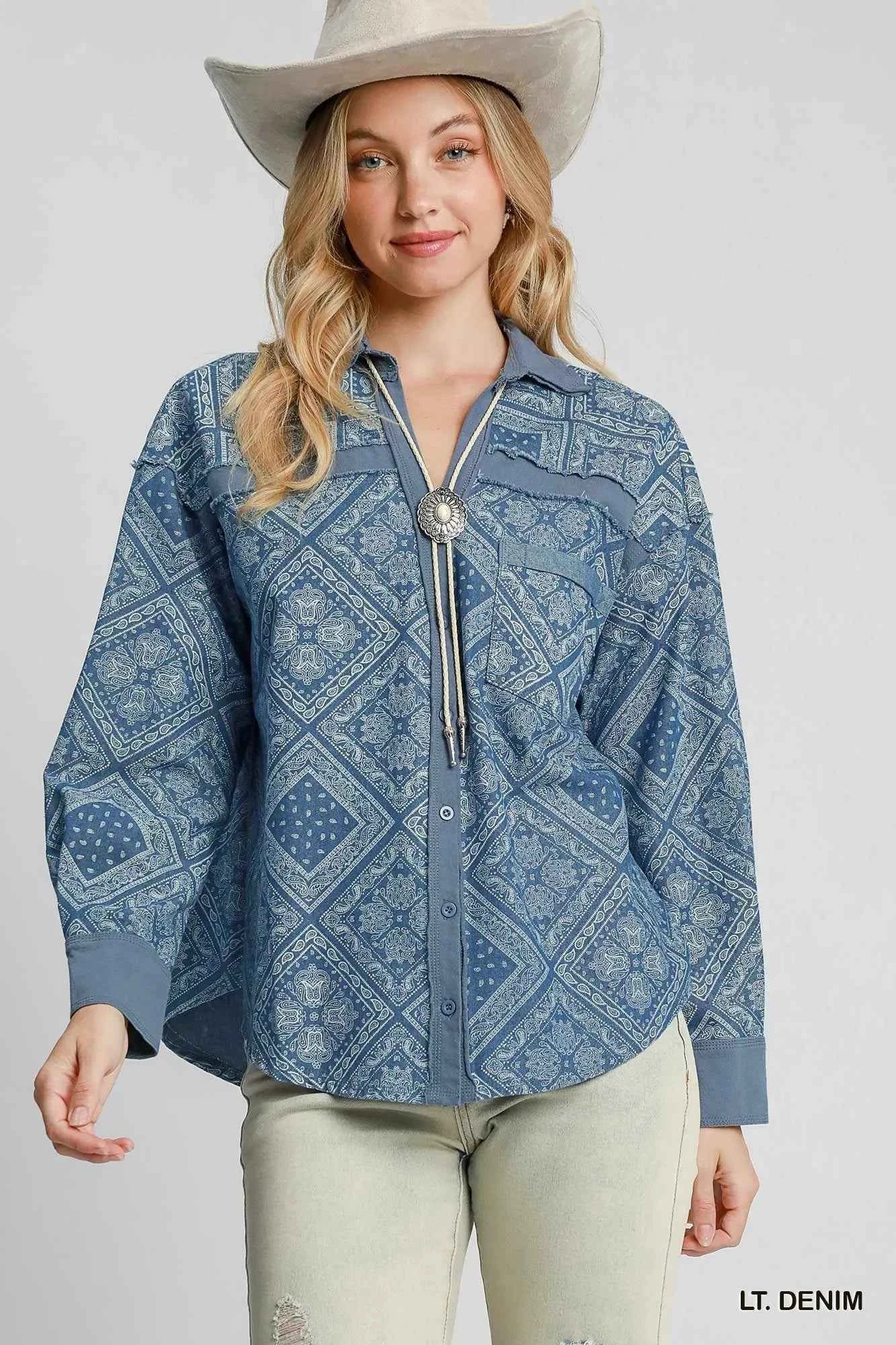 Umgee Paisley Print Denim Shirt Jacket Umgee Paisley Print Denim Shirt Jacket
