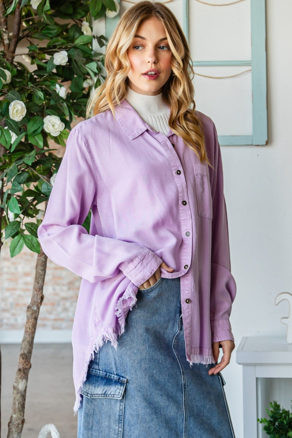 Veveret Raw Hem Button Up Long Sleeve Shirt Veveret Raw Hem Button Up Long Sleeve Shirt - TopFashionHQ