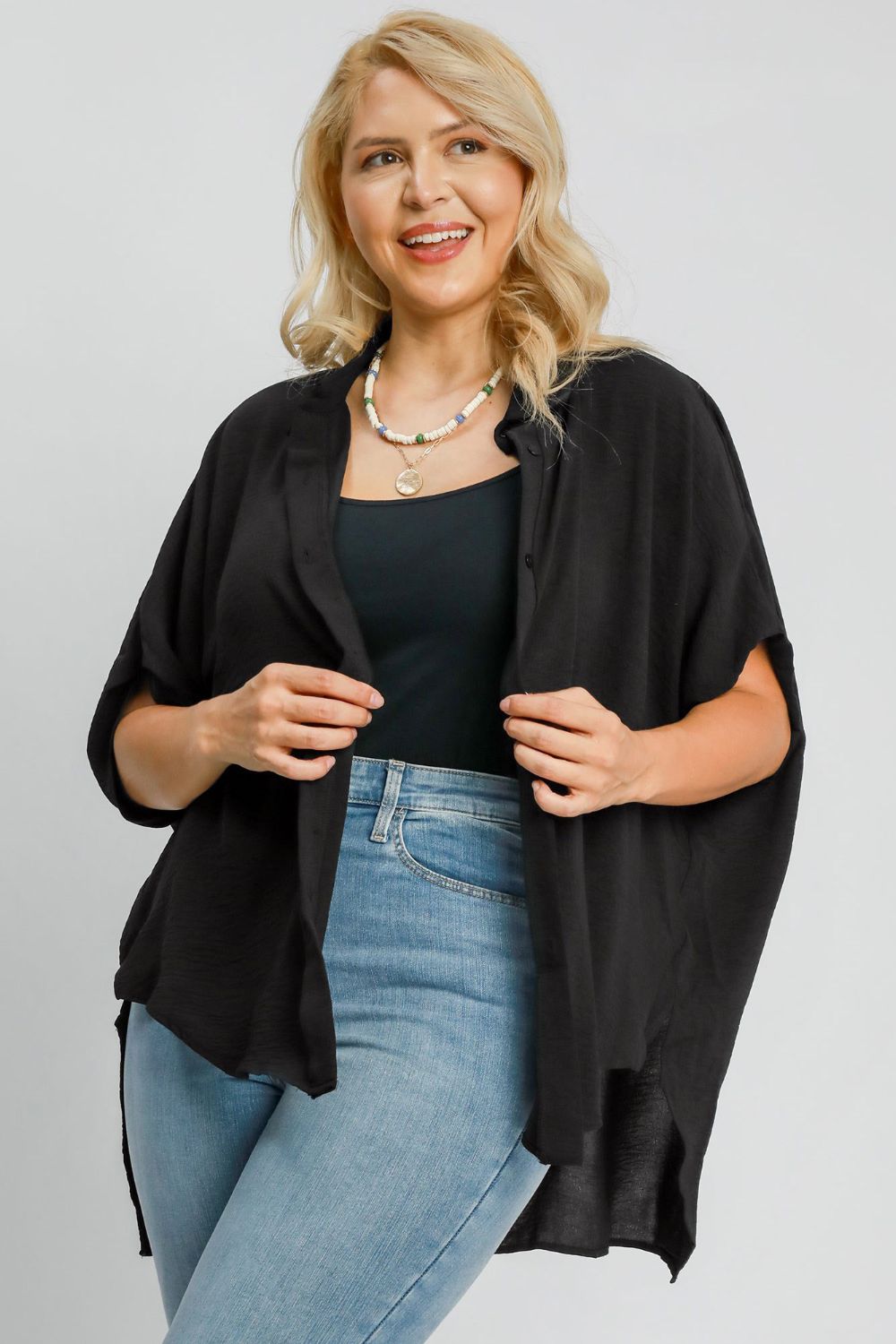 Umgee Full Size High-Low Button Up Short Sleeve Shirt Umgee Full Size High-Low Button Up Short Sleeve Shirt - TopFashionHQ