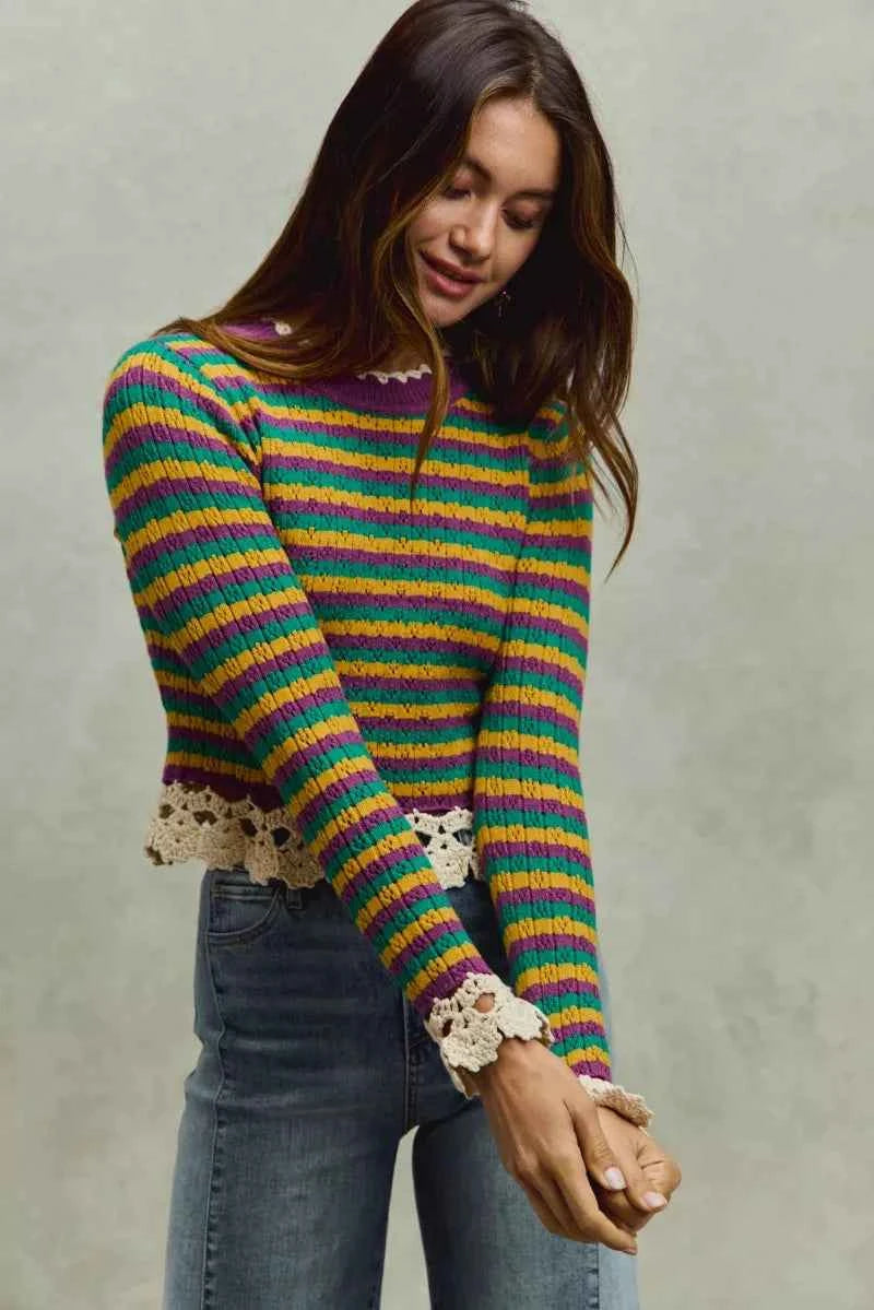 SO ME Mardi Gras Striped Cropped Knit Top with Crochet Edge SO ME Mardi Gras Striped Cropped Knit Top with Crochet Edge