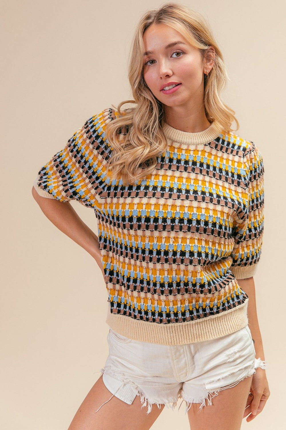 BiBi Multi Color Half Sleeve Sweater BiBi Multi Color Half Sleeve Sweater - TopFashionHQ