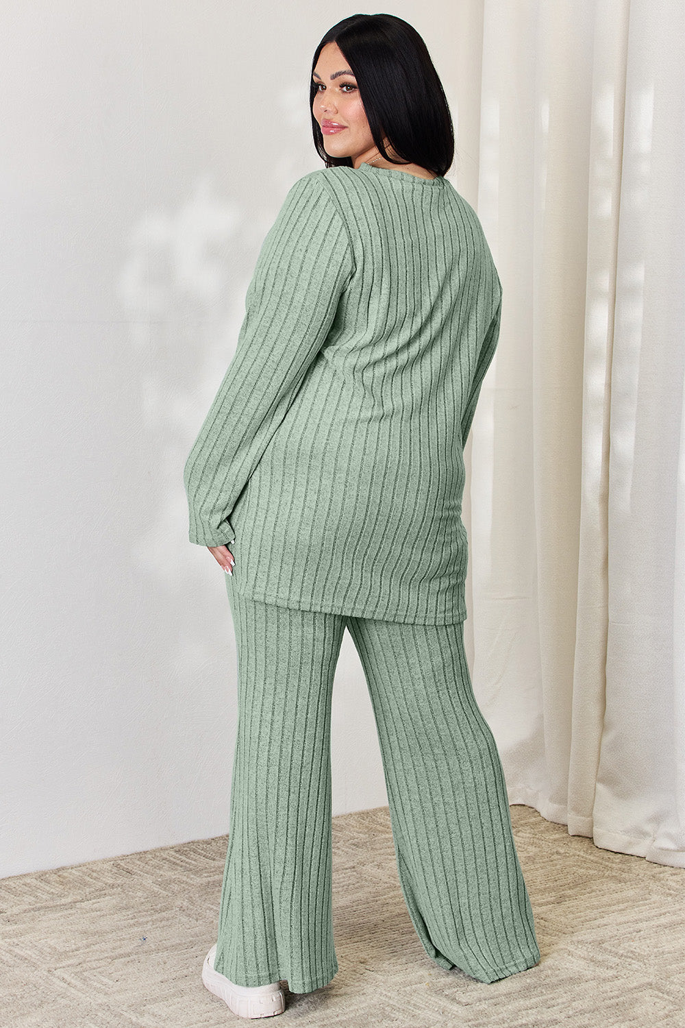 Basic Bae Full Size Ribbed High-Low Top and Wide Leg Pants Set Basic Bae Full Size Ribbed High-Low Top and Wide Leg Pants Set - TopFashionHQ
