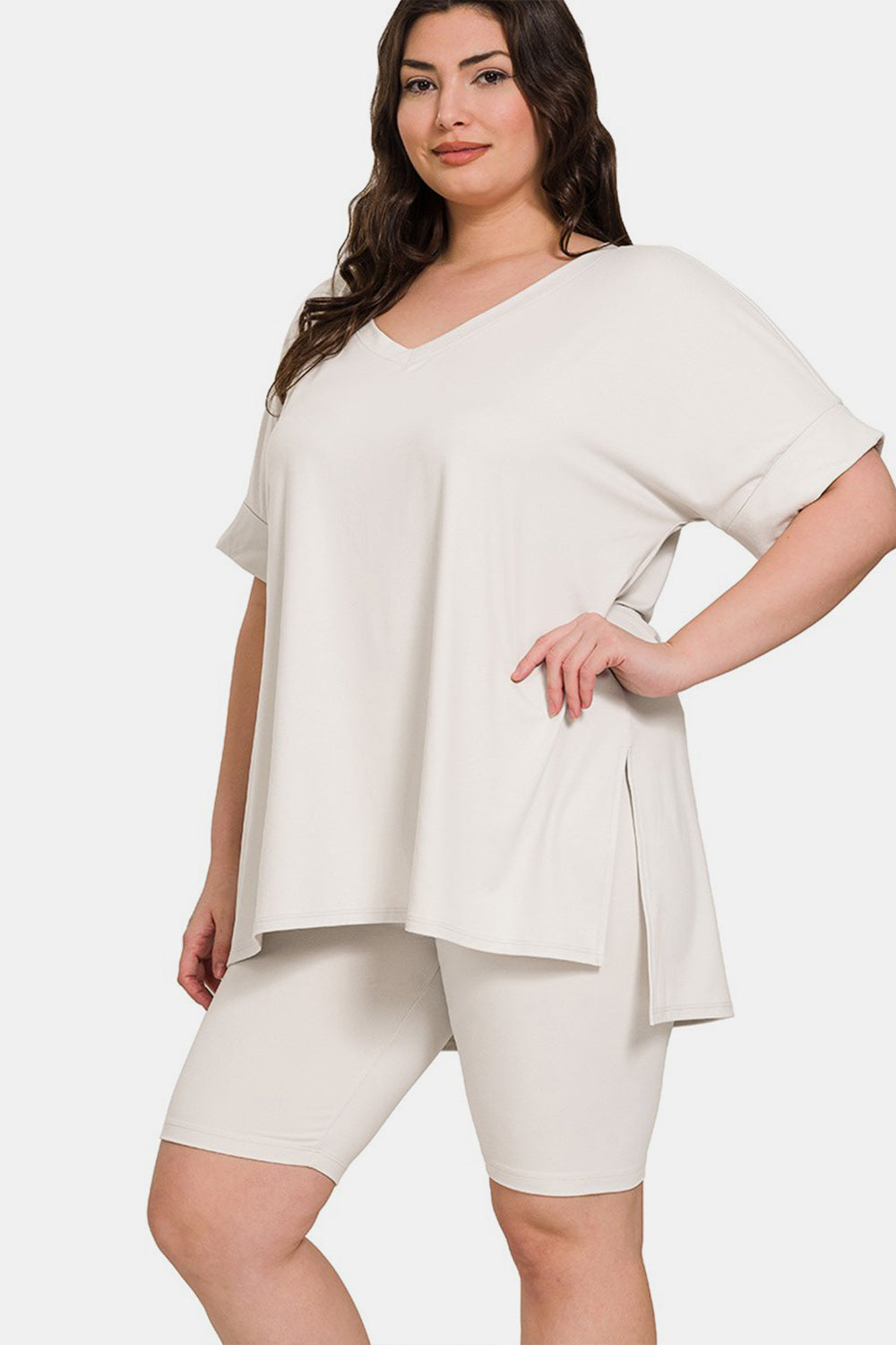 Zenana Full Size V-Neck Short Sleeve Slit T-Shirt and Shorts Set Zenana Full Size V-Neck Short Sleeve Slit T-Shirt and Shorts Set - TopFashionHQ