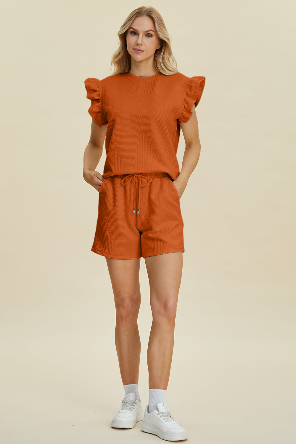 Double Take Full Size Texture Round Neck Ruffle Sleeve Top and Shorts Set Double Take Full Size Texture Round Neck Ruffle Sleeve Top and Shorts Set