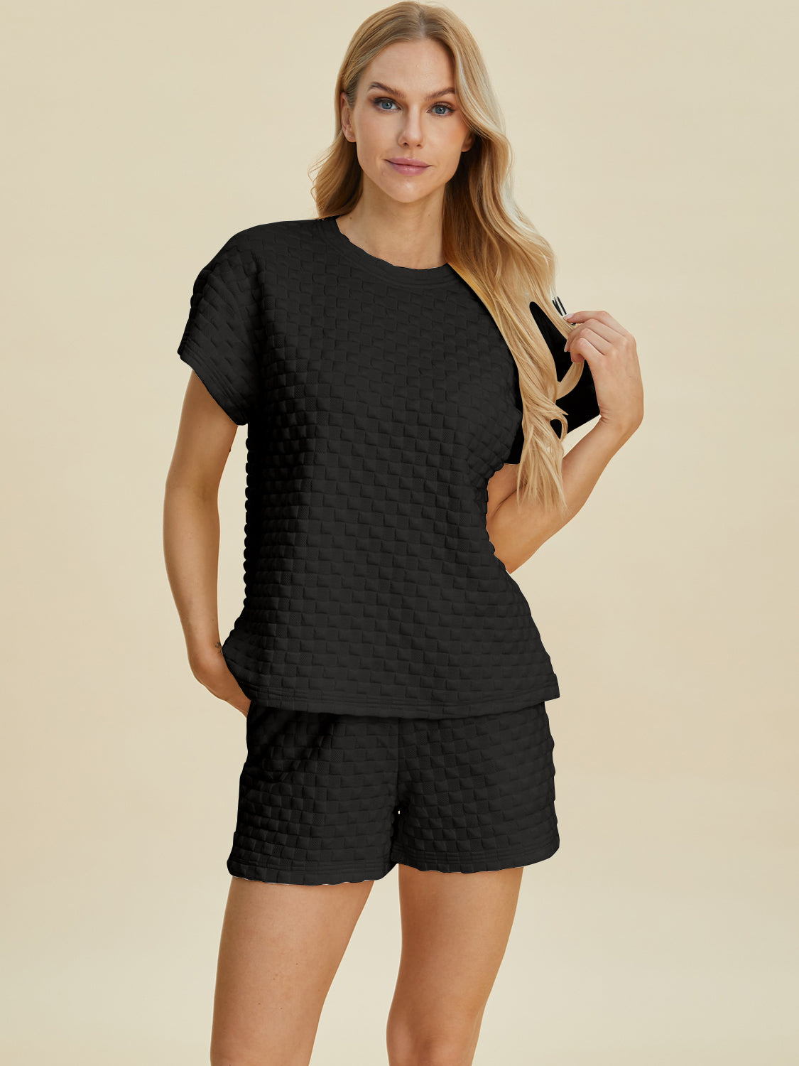 Double Take Full Size Texture T-Shirt and Shorts Set Double Take Full Size Texture T-Shirt and Shorts Set