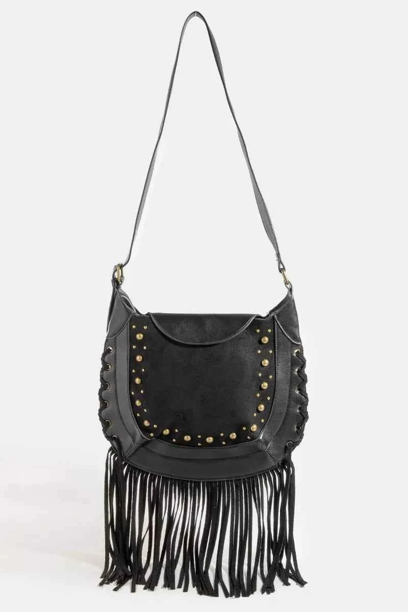 Fame Rivet Trim Suede Fringe Shoulder Bag Fame Rivet Trim Suede Fringe Shoulder Bag