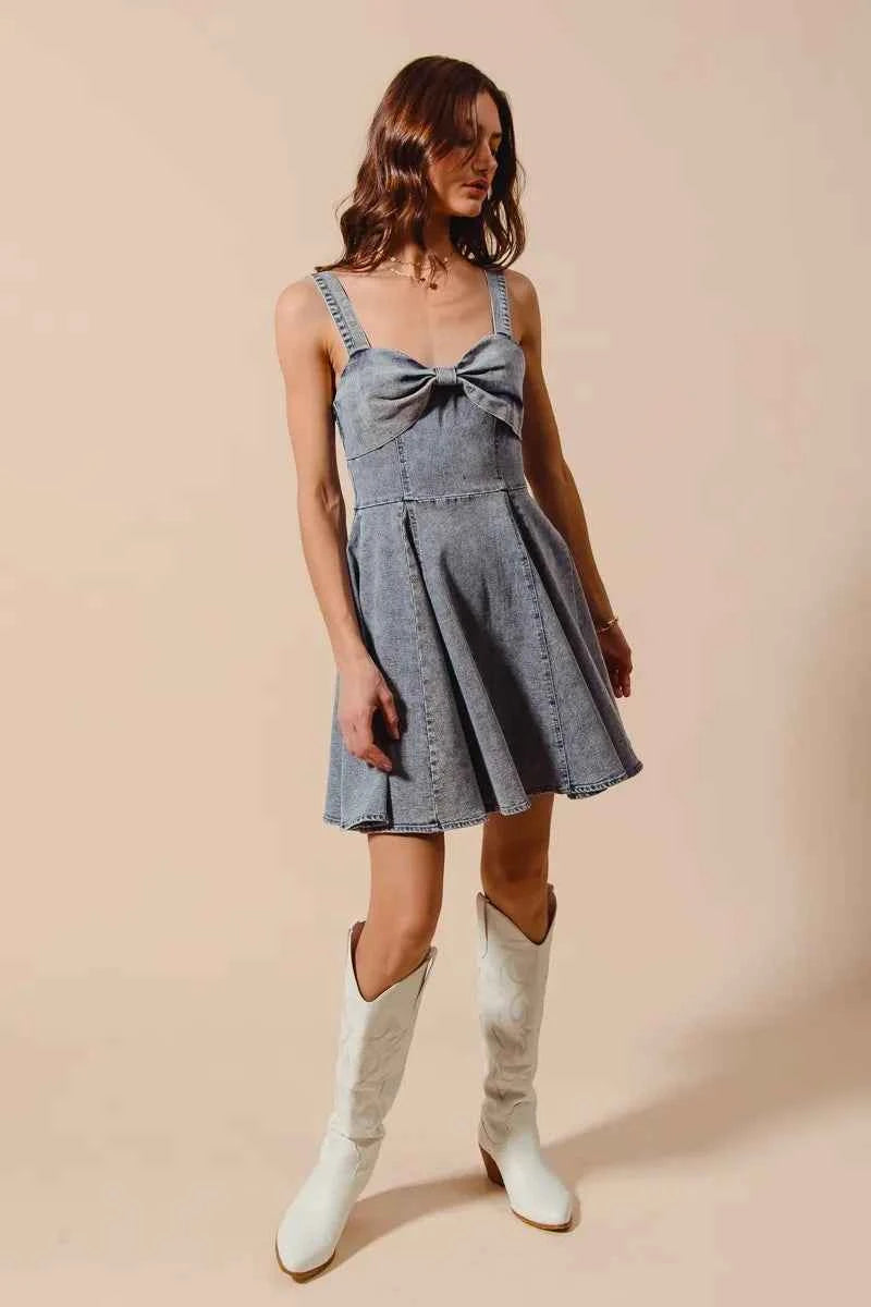 SO ME Mineral Washed Bow Ribbon Denim Flare Dress SO ME Mineral Washed Bow Ribbon Denim Flare Dress