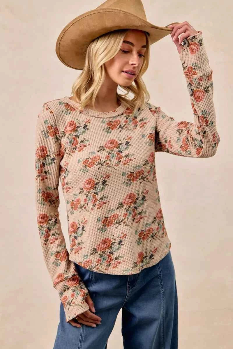 BiBi Floral Print Washed Waffle Thermal Top with Thumb BiBi Floral Print Washed Waffle Thermal Top with Thumb