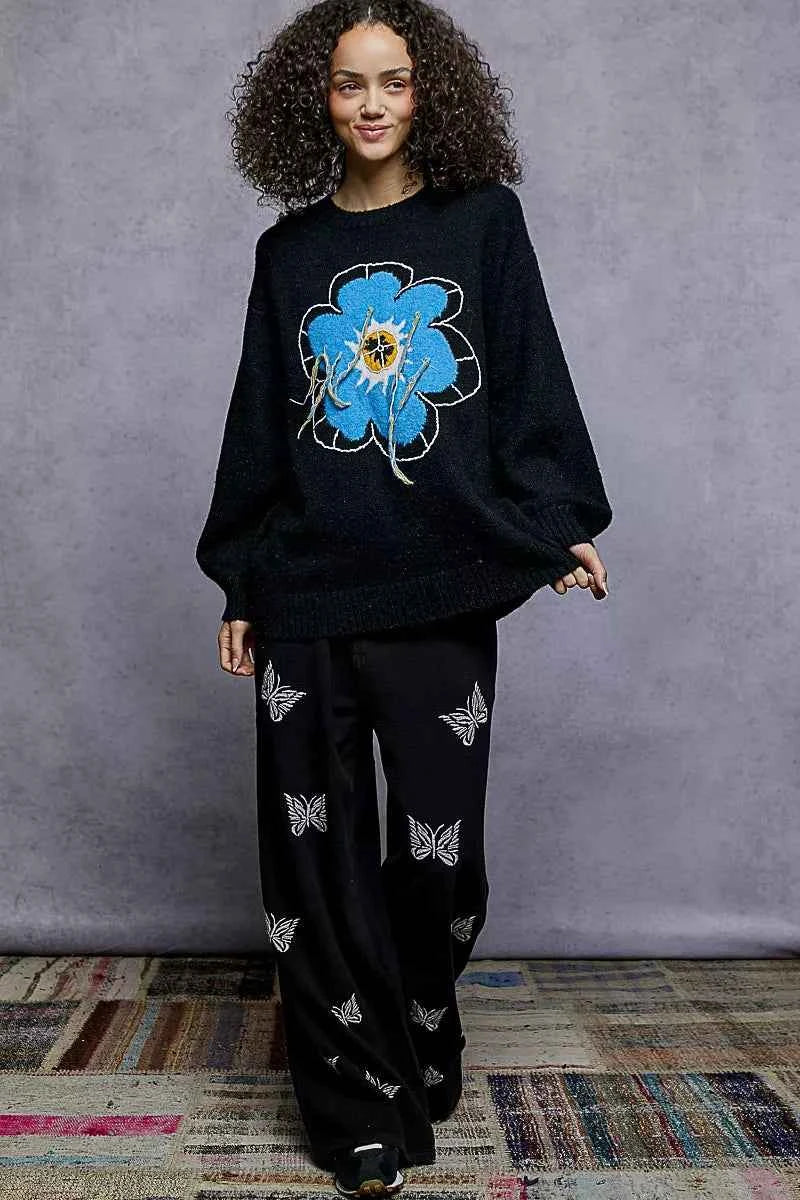 POL Floral Pattern Round Neck Sweater with Exposed Stitching POL Floral Pattern Round Neck Sweater with Exposed Stitching