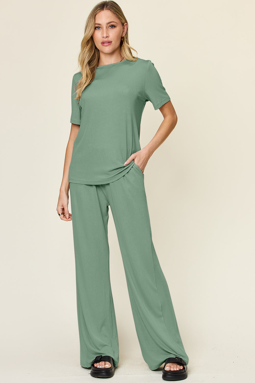 Double Take Full Size Round Neck Short Sleeve T-Shirt and Wide Leg Pants Set Double Take Full Size Round Neck Short Sleeve T-Shirt and Wide Leg Pants Set