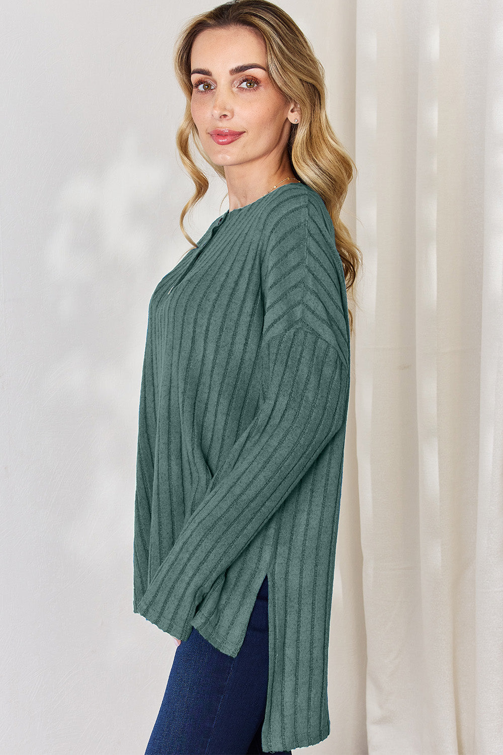 Basic Bae Full Size Ribbed Half Button Long Sleeve High-Low T-Shirt Basic Bae Full Size Ribbed Half Button Long Sleeve High-Low T-Shirt - TopFashionHQ