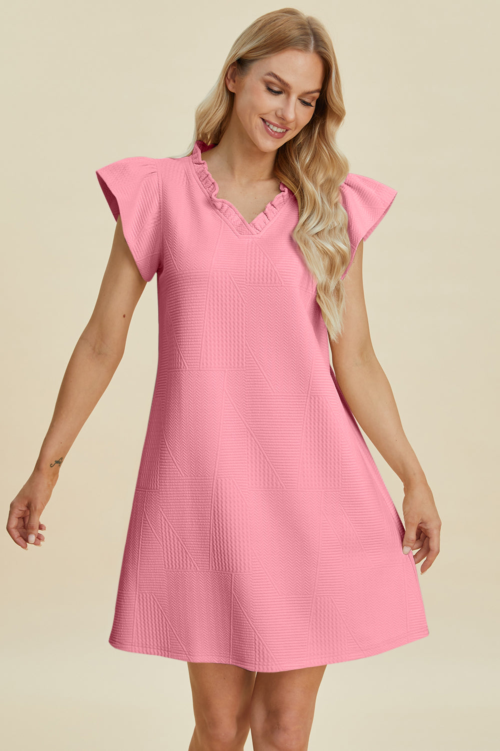 Double Take Full Size Ruffled V-Neck Cap Sleeve Dress Double Take Full Size Ruffled V-Neck Cap Sleeve Dress