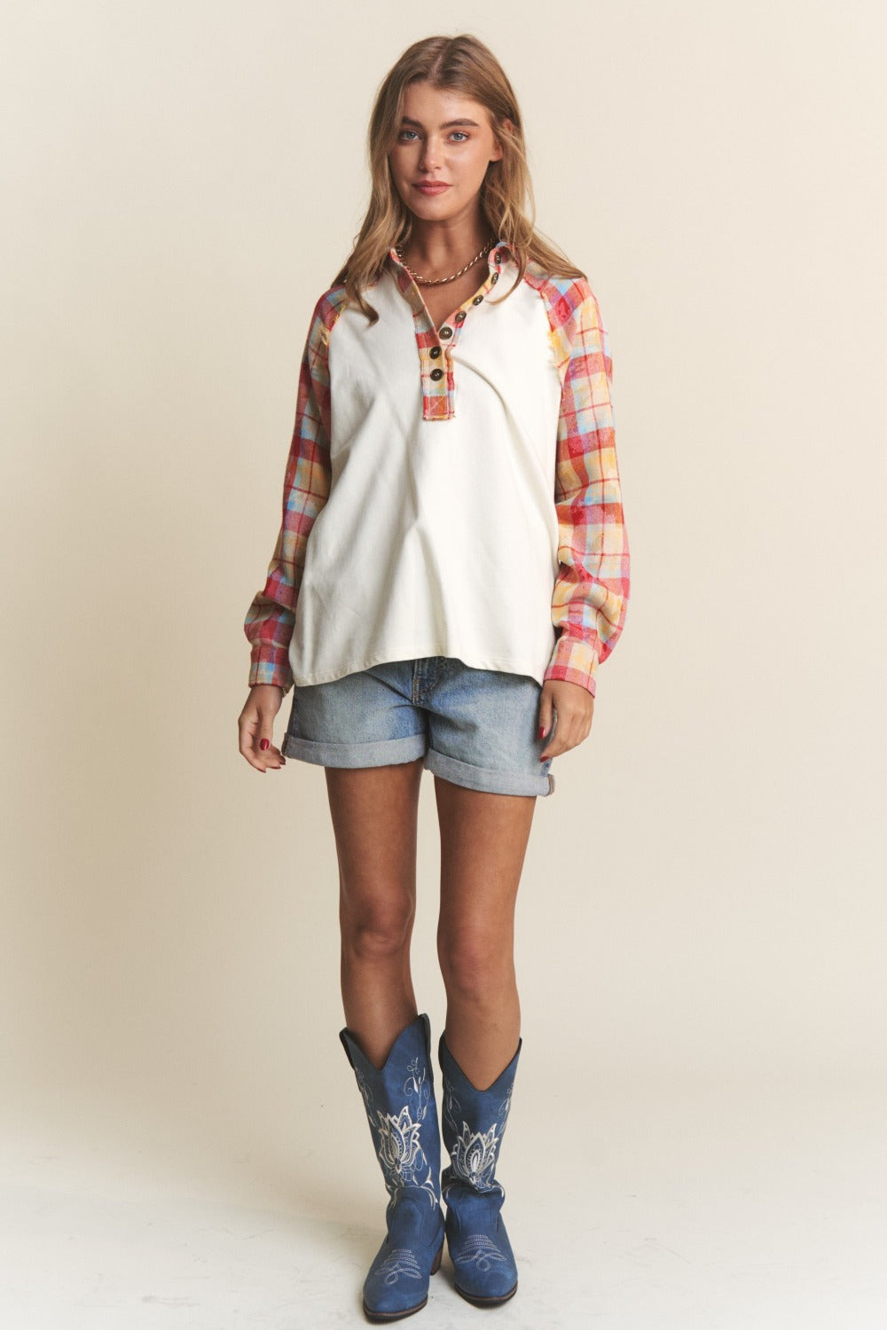 J.NNA Plaid Contrast Button Down Henley Top J.NNA Plaid Contrast Button Down Henley Top - TopFashionHQ