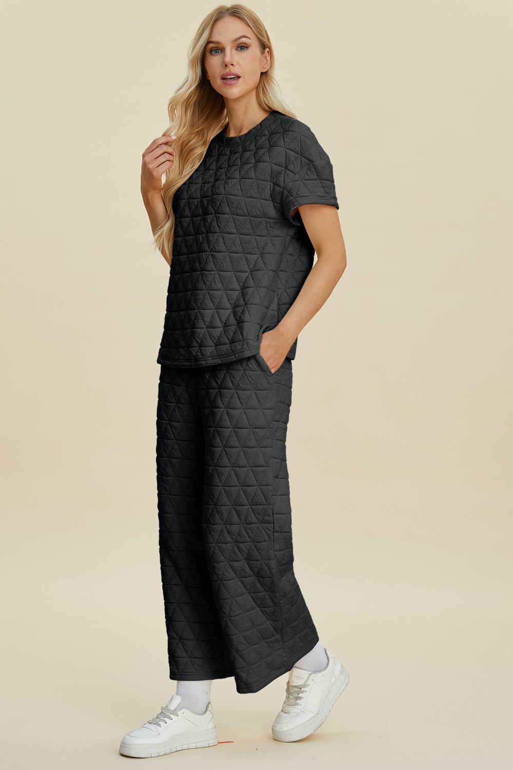 Double Take Full Size Texture Round Neck Short Sleeve Top and Pants Set Double Take Full Size Texture Round Neck Short Sleeve Top and Pants Set