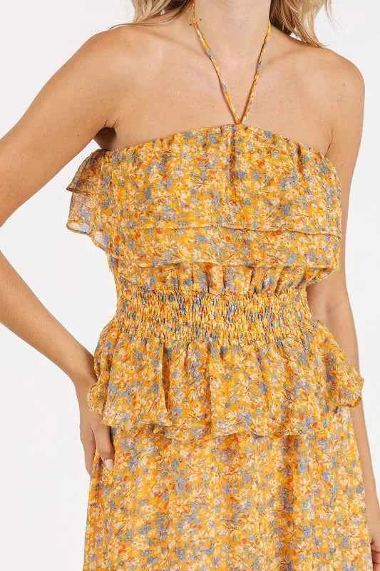 Mittoshop Ruffled Smocked Floral Halter Neck Maxi Dress Mittoshop Ruffled Smocked Floral Halter Neck Maxi Dress