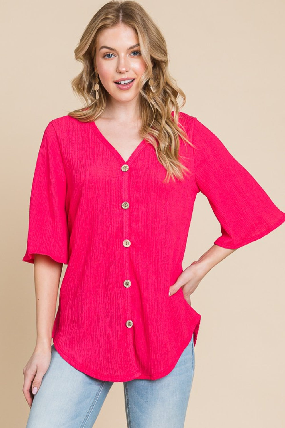 BOMBOM Texture Decorative Button V-Neck Top BOMBOM Texture Decorative Button V-Neck Top - TopFashionHQ