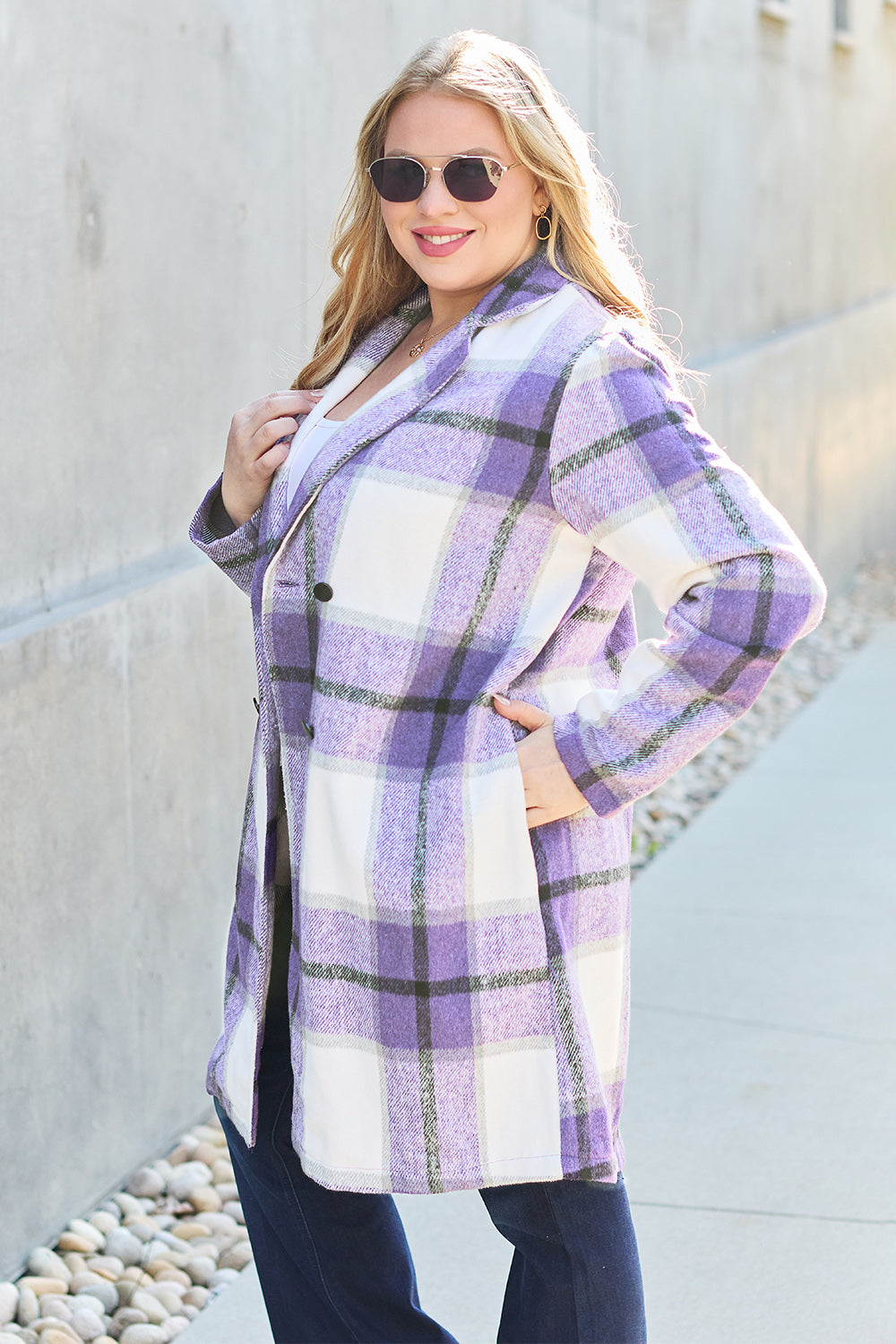 Double Take Full Size Plaid Button Up Lapel Collar Coat Double Take Full Size Plaid Button Up Lapel Collar Coat - TopFashionHQ