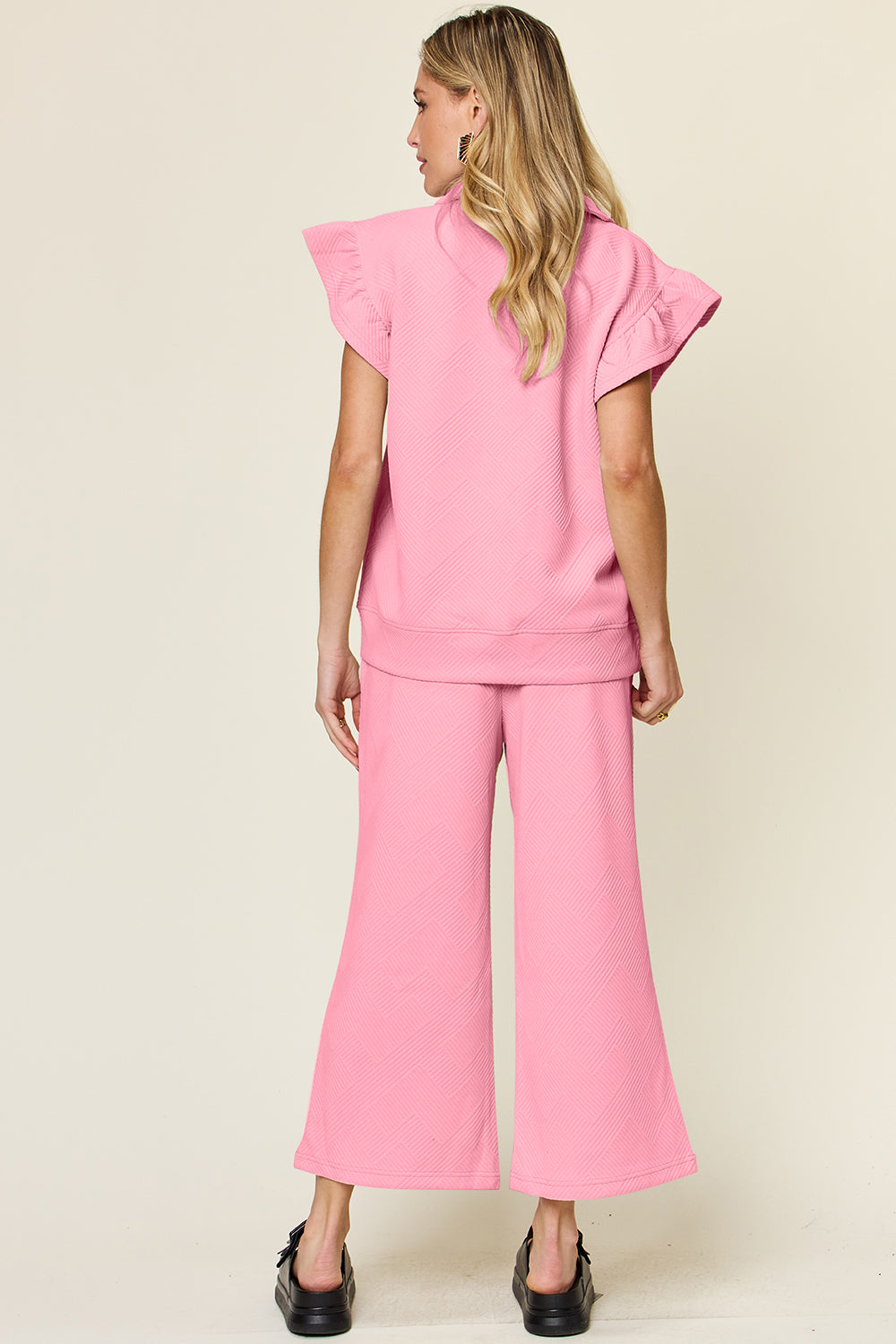 Double Take Texture Ruffle Short Sleeve Top and Drawstring Wide Leg Pants Set Double Take Texture Ruffle Short Sleeve Top and Drawstring Wide Leg Pants Set