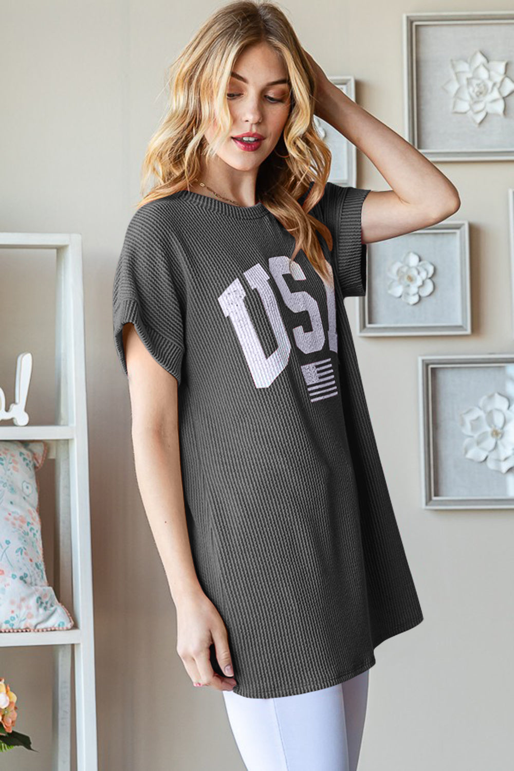 Heimish Full Size USA Graphic Short Sleeve Ribbed Top Heimish Full Size USA Graphic Short Sleeve Ribbed Top - TopFashionHQ
