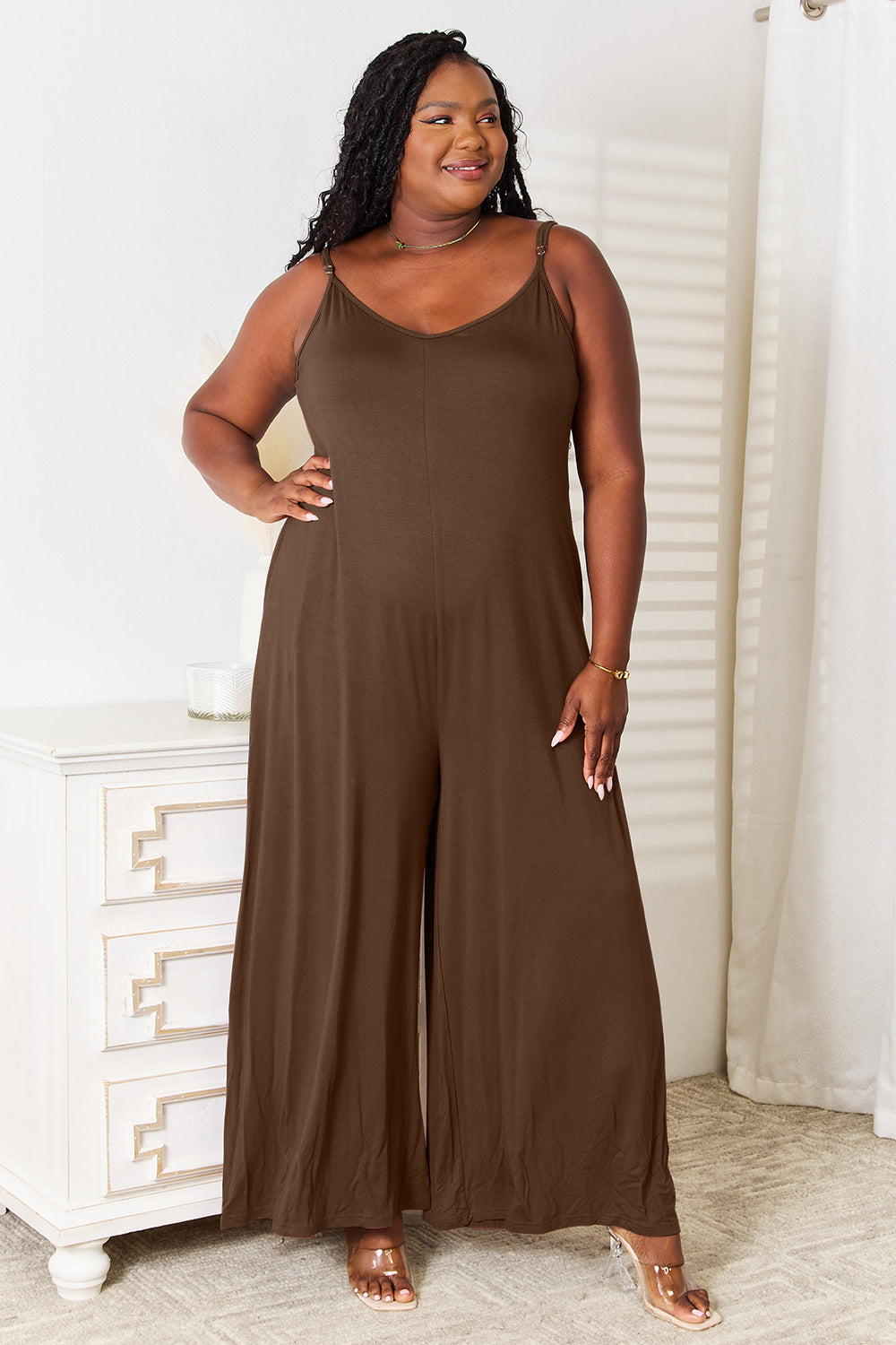 Double Take Full Size Soft Rayon Spaghetti Strap Tied Wide Leg Jumpsuit Double Take Full Size Soft Rayon Spaghetti Strap Tied Wide Leg Jumpsuit - TopFashionHQ