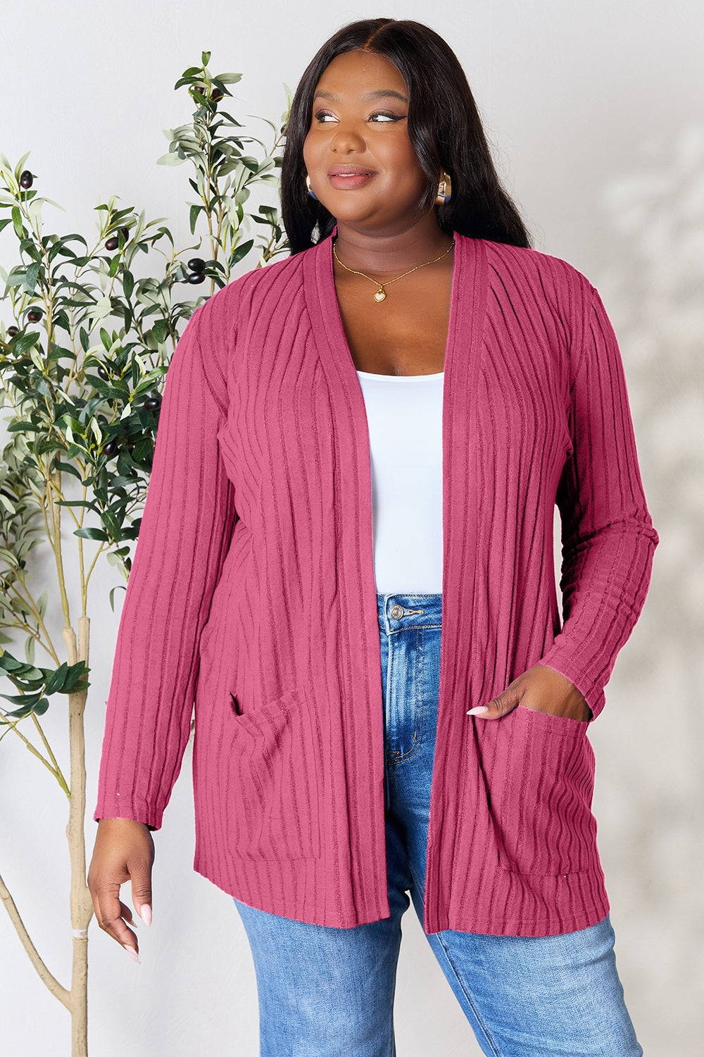 Basic Bae Full Size Ribbed Open Front Cardigan with Pockets Basic Bae Full Size Ribbed Open Front Cardigan with Pockets - TopFashionHQ
