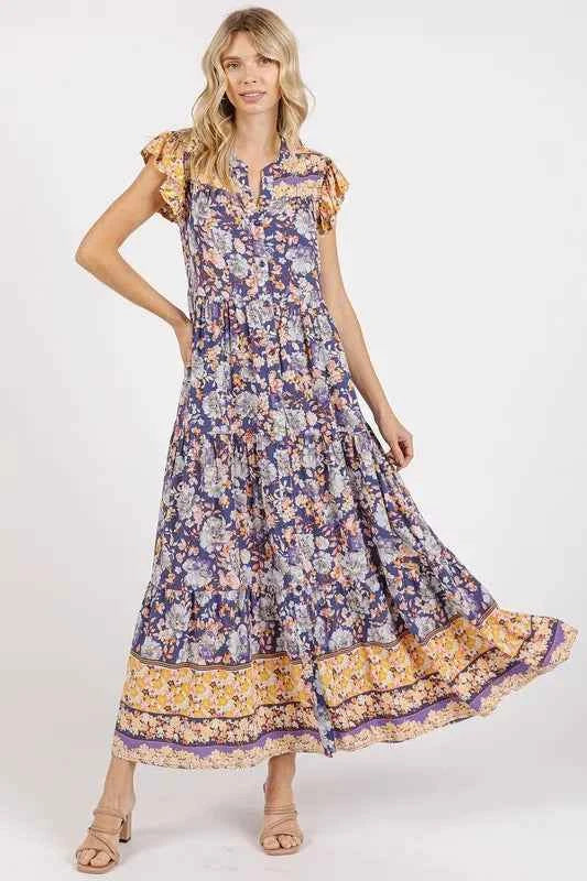 Mittoshop Floral Ruffled Notched Cap Sleeve Maxi Dress Mittoshop Floral Ruffled Notched Cap Sleeve Maxi Dress