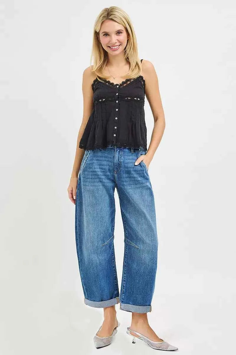 RISEN Slouchy Cropped Barrel Jeans With Cuffed Hem RISEN Slouchy Cropped Barrel Jeans With Cuffed Hem