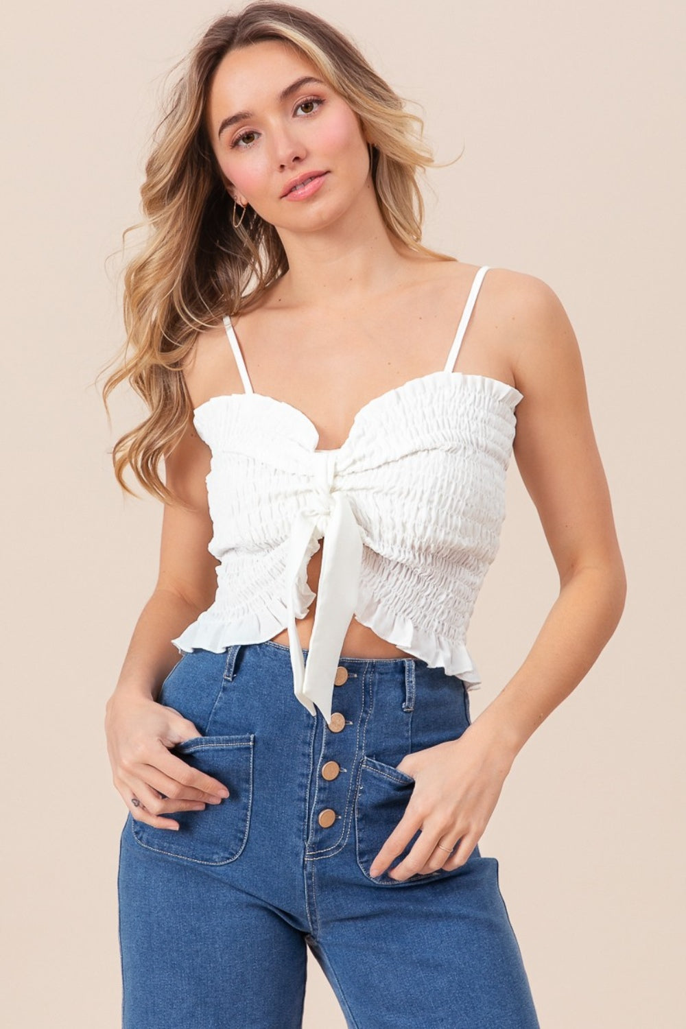 BiBi Ruffled Smocked Ribbon Detail Cami BiBi Ruffled Smocked Ribbon Detail Cami - TopFashionHQ