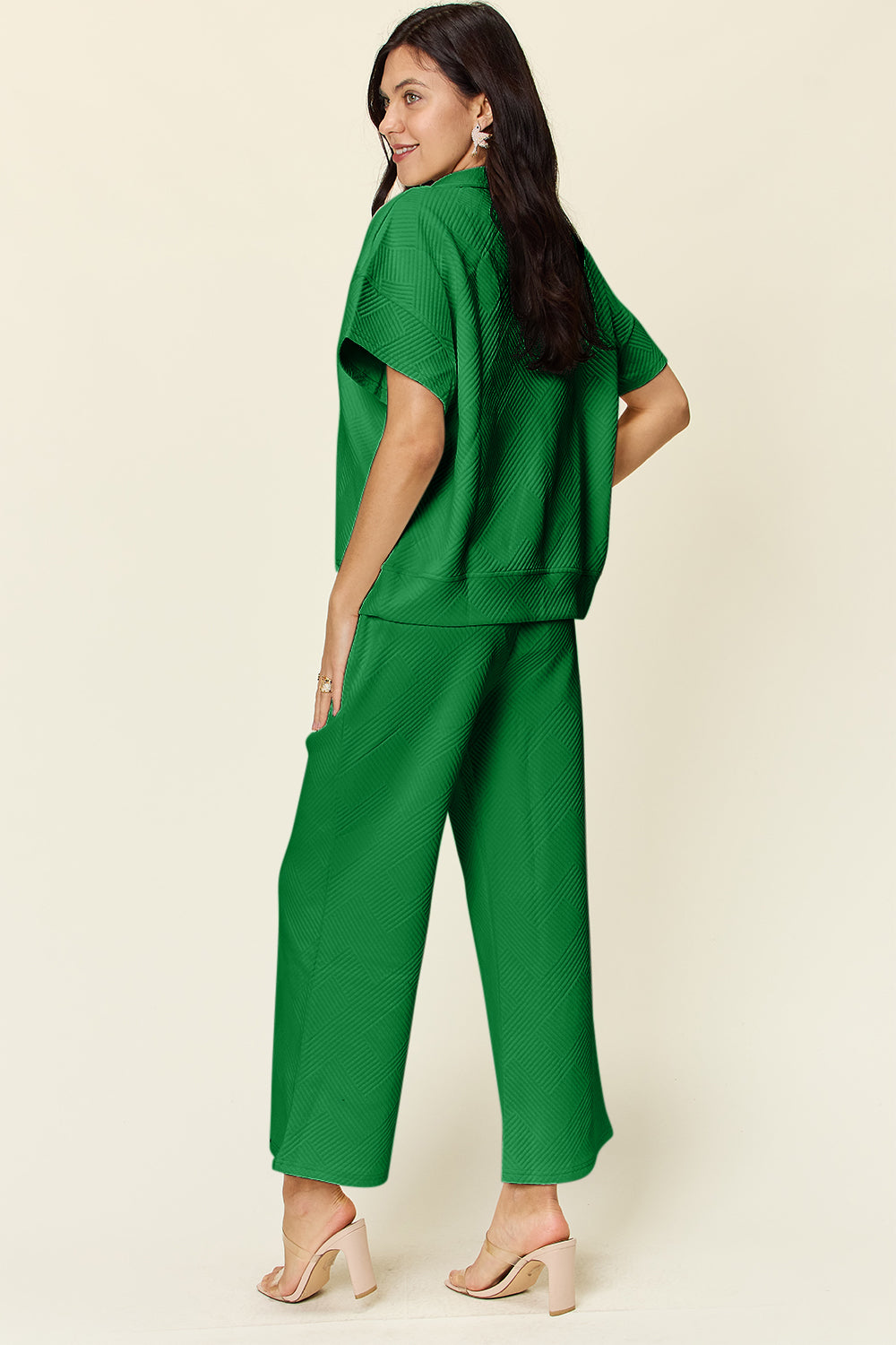 Double Take Full Size Texture Half Zip Short Sleeve Top and Pants Set Double Take Full Size Texture Half Zip Short Sleeve Top and Pants Set