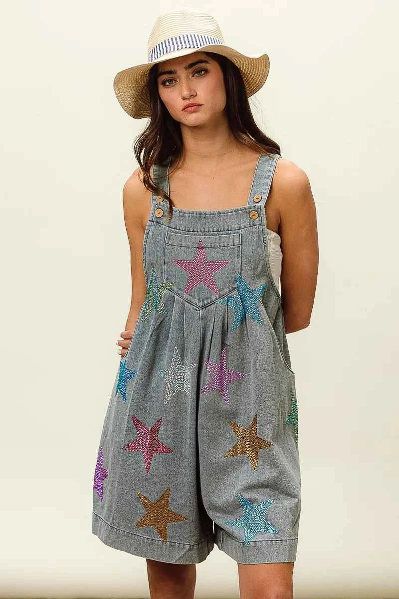 BiBi Star Rhinestone Washed Wide Leg Shortalls BiBi Star Rhinestone Washed Wide Leg Shortalls
