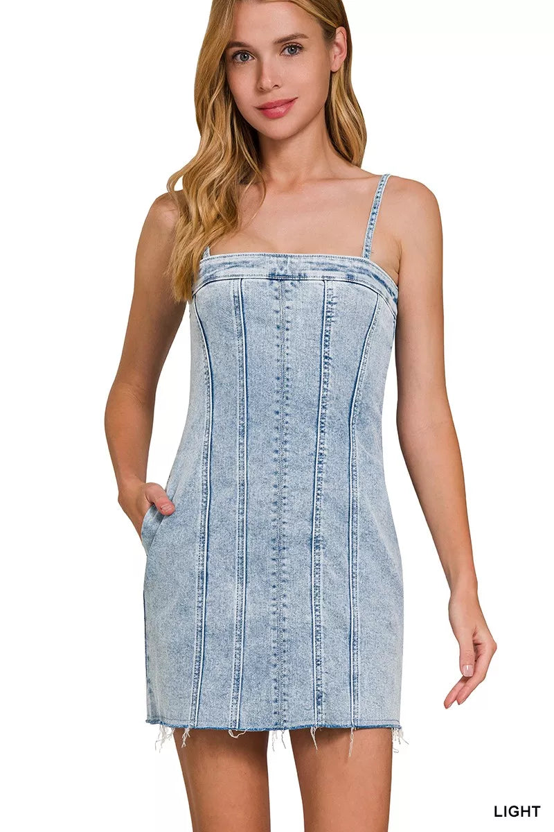 Zenana Spaghetti Strap Exposed Seam Light-Wash Dress 0bc3cc6e9e384eaa878fe16011a11fea-Max-Origin