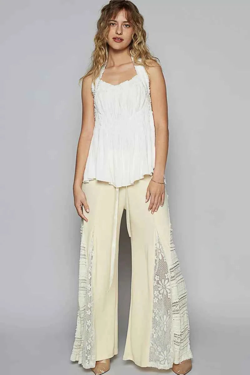 POL Backless Halter Sleeveless Top with Smocking Shirring Detail POL Backless Halter Sleeveless Top with Smocking Shirring Detail