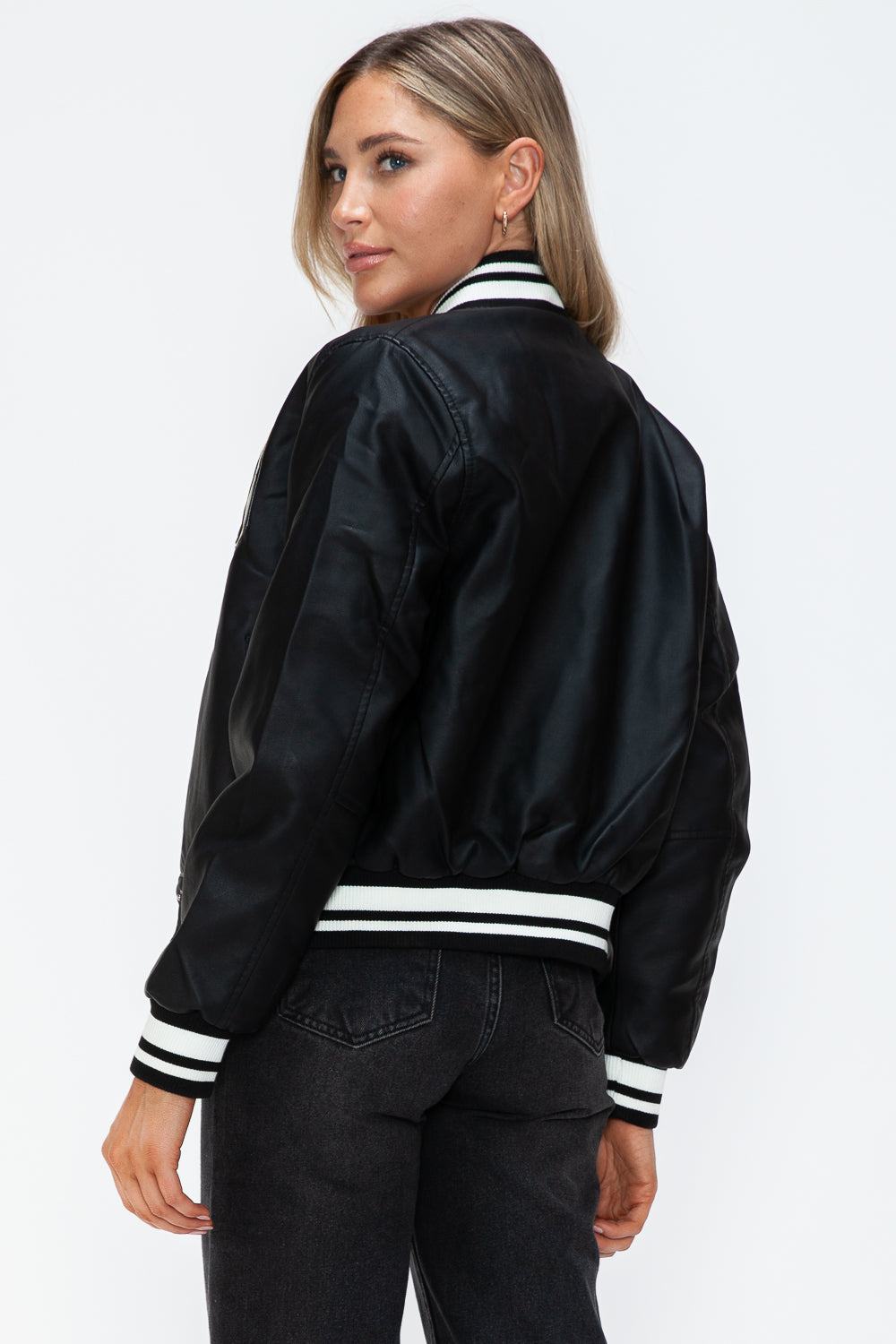 Love Me Now PU Leather Contrast Snap Down Bomber Jacket Love Me Now PU Leather Contrast Snap Down Bomber Jacket - TopFashionHQ