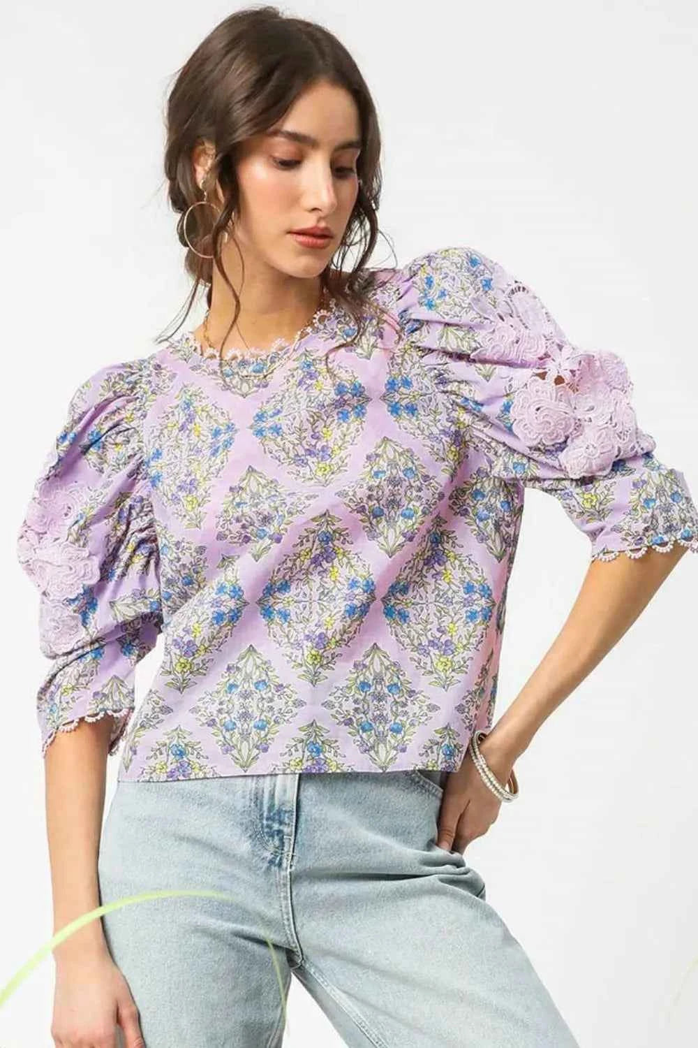 Umgee Printed Lace Puff Sleeve Blouse Umgee Printed Lace Puff Sleeve Blouse