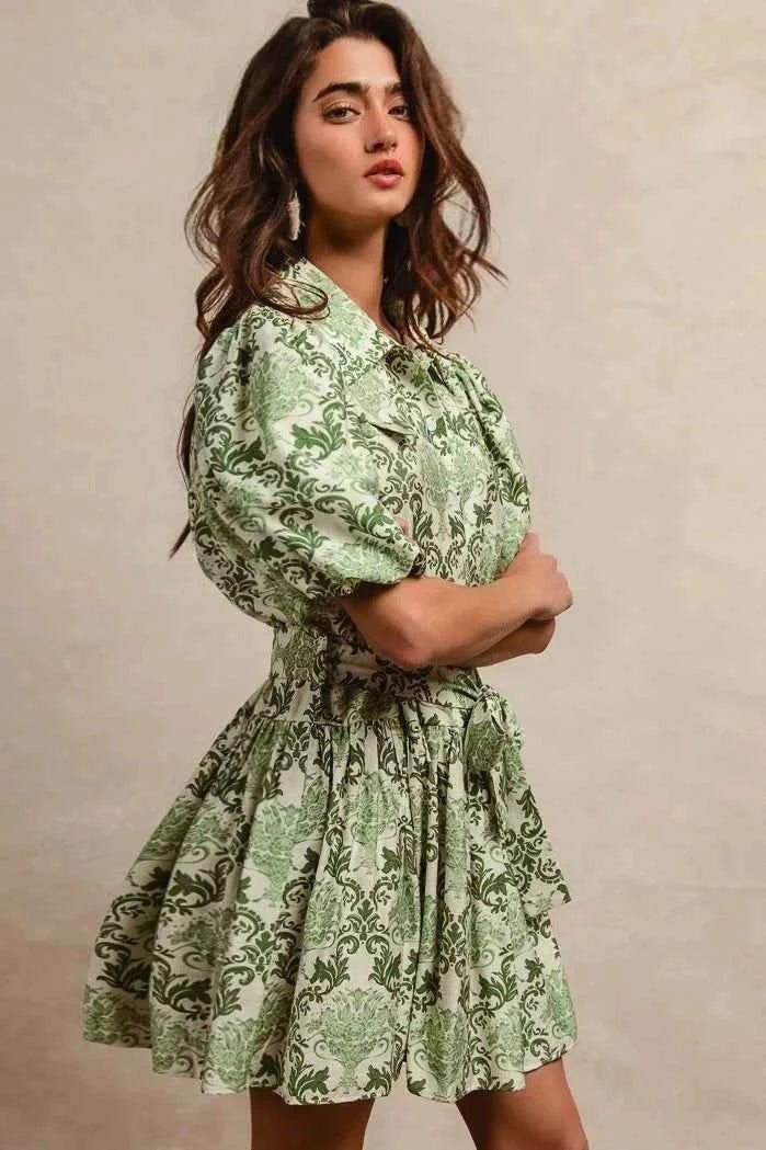 BiBi Tied Floral Short Sleeve Mini Shirt Dress BiBi Tied Floral Short Sleeve Mini Shirt Dress