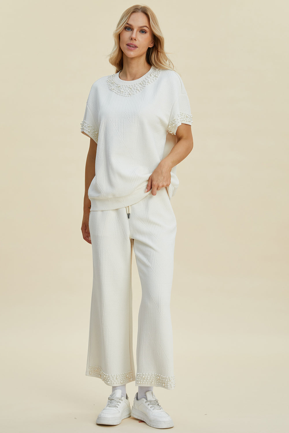 Double Take Full Size Pearl Detail Round Neck Top and Pants Set Double Take Full Size Pearl Detail Round Neck Top and Pants Set