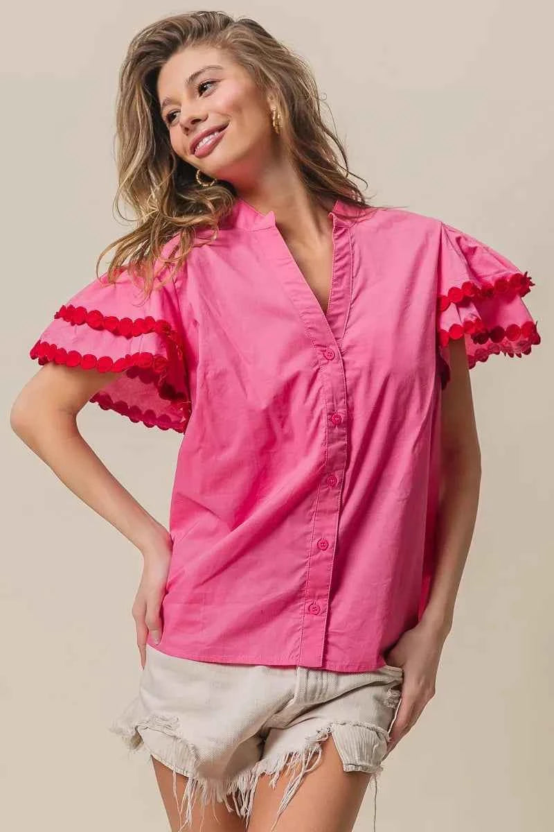 BiBi Dot Trim Flutter Sleeve Notched Top BiBi Dot Trim Flutter Sleeve Notched Top