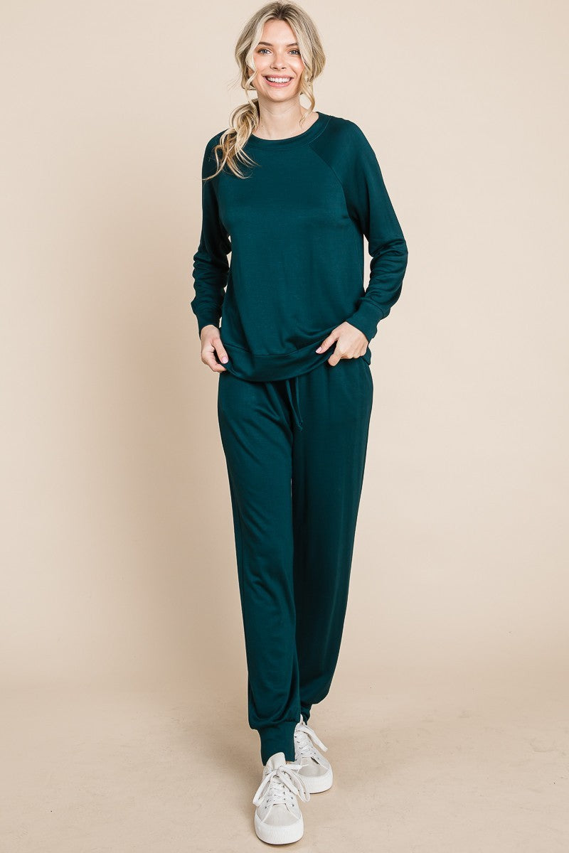 Super Lady Round Neck Raglan Sleeve Top and Drawstring Pants Lounge Set Super Lady Round Neck Raglan Sleeve Top and Drawstring Pants Lounge Set