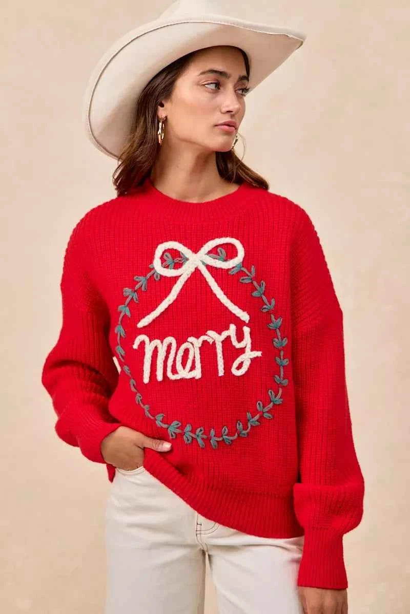 BiBi Christmas Wreath Merry Letter Knit Top BiBi Christmas Wreath Merry Letter Knit Top