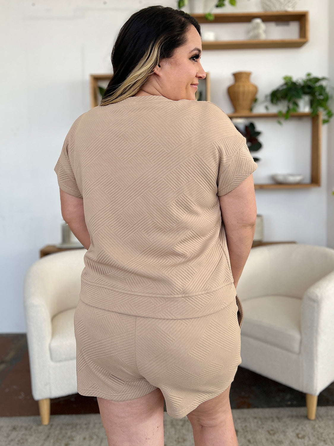 Double Take Full Size Texture Short Sleeve T-Shirt and Drawstring Shorts Set Double Take Full Size Texture Short Sleeve T-Shirt and Drawstring Shorts Set