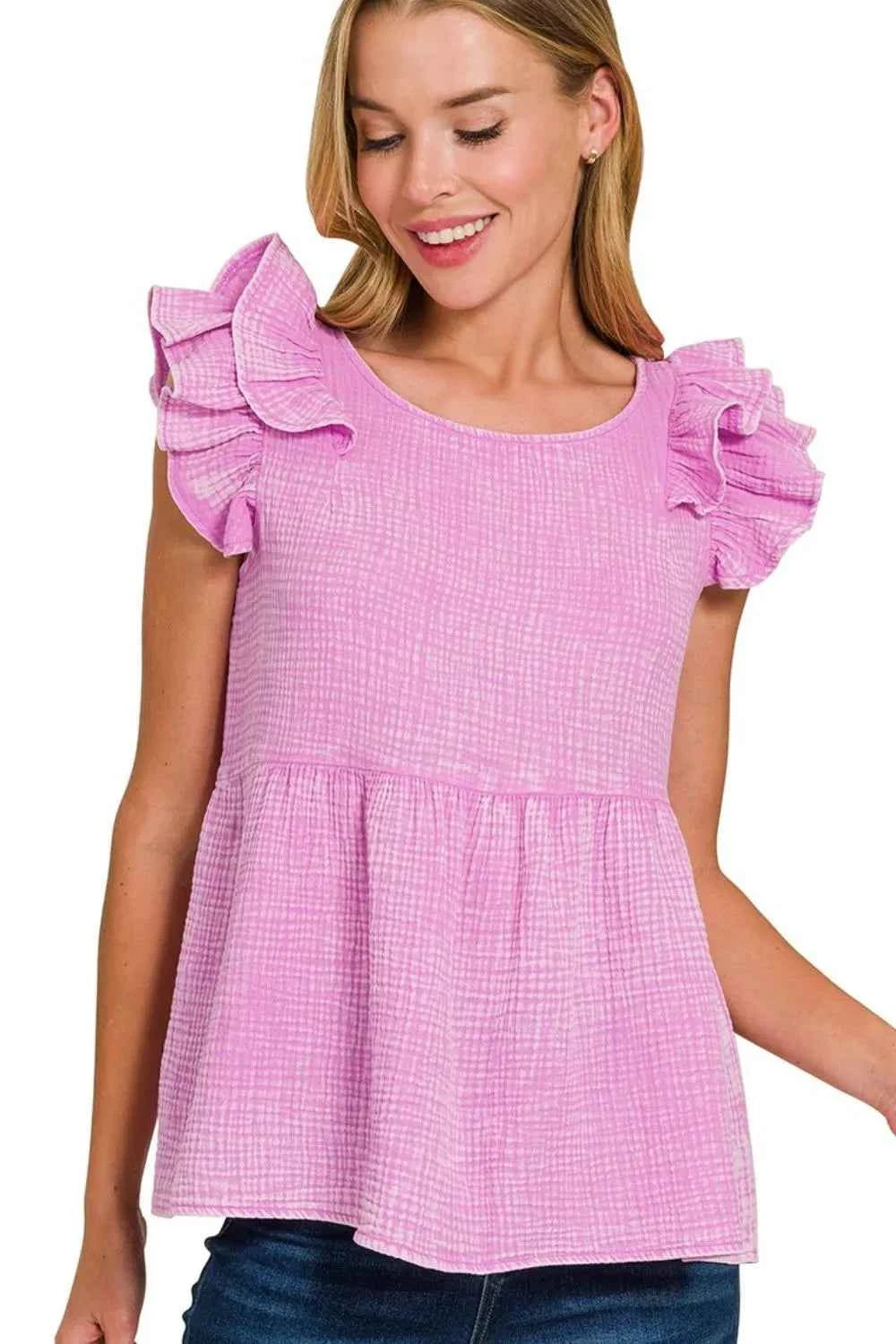 Zenana Double Gauze Acid Washed Tiered Ruffle Peplum Top Zenana Double Gauze Acid Washed Tiered Ruffle Peplum Top