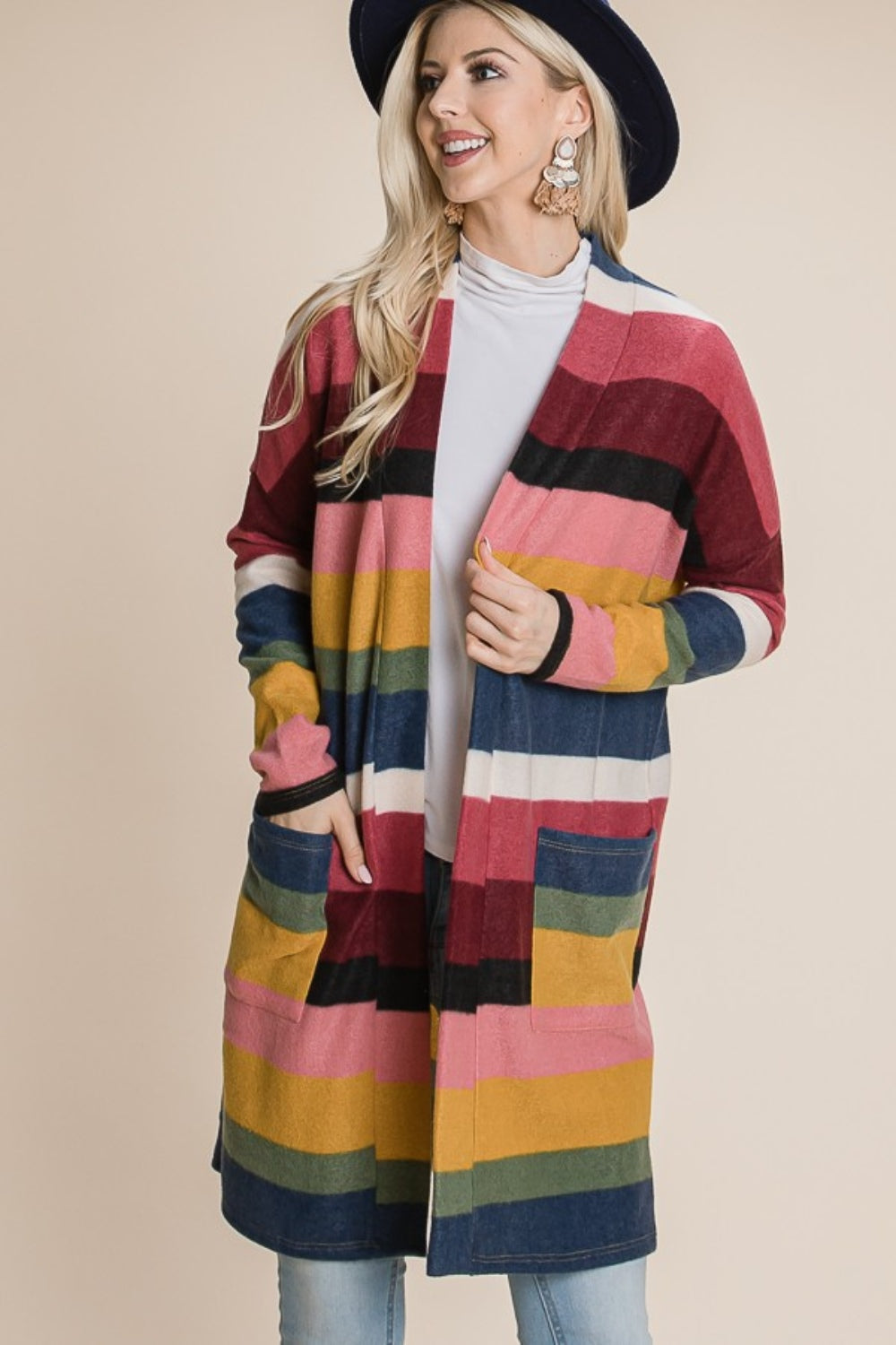 BOMBOM Color Block Striped Open Front Cardigan BOMBOM Color Block Striped Open Front Cardigan - TopFashionHQ