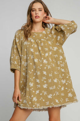 Umgee Raw Hem Floral Print Round Neck Denim Dress - TopFashionHQ