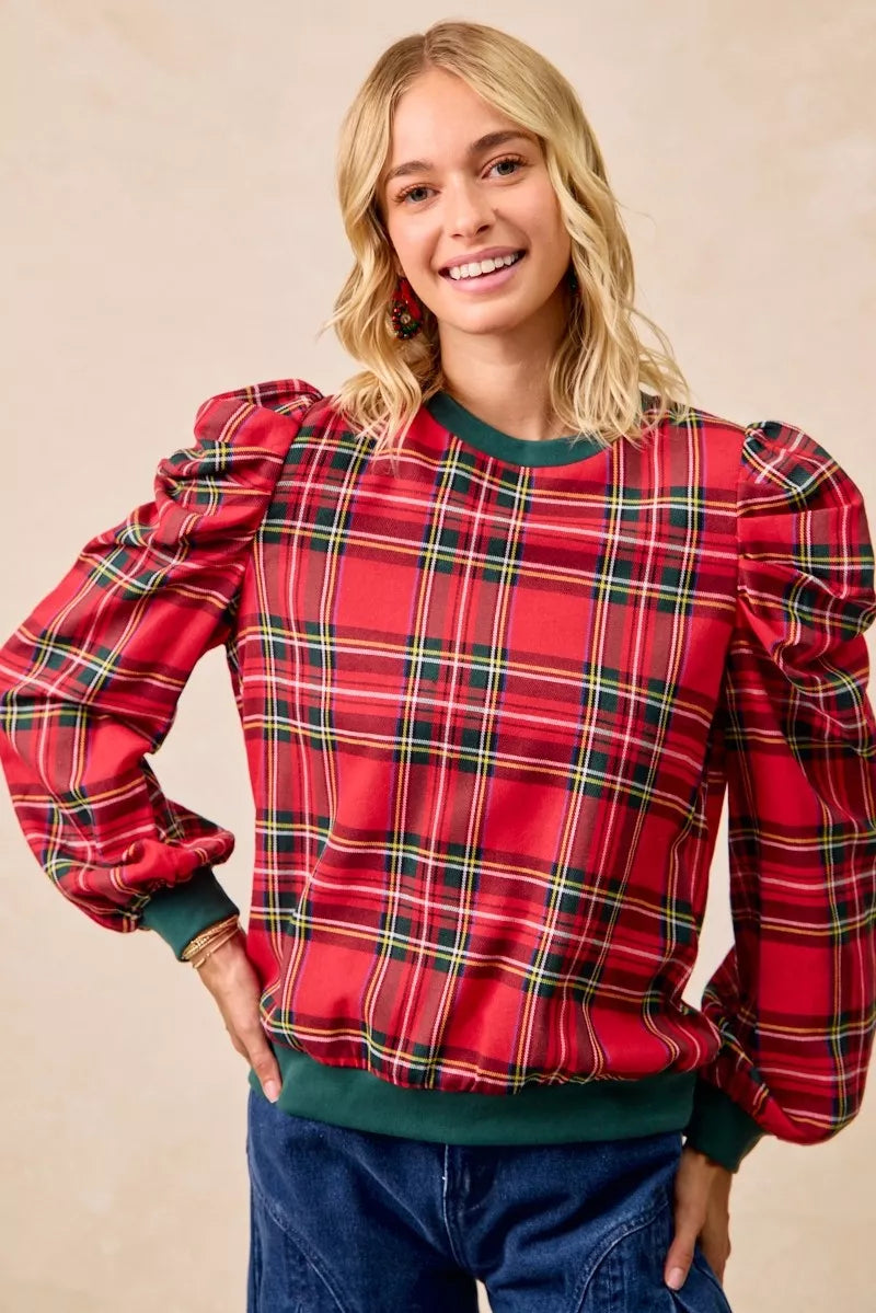 BiBi Christmas Plaid Exaggerated Shoulder Sleeves Top 0c929cdff61243e6b0eb5ab3e5a02d2b-Max-Origin