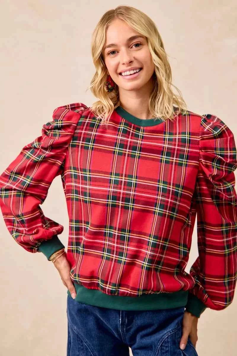 BiBi Christmas Plaid Exaggerated Shoulder Sleeves Top BiBi Christmas Plaid Exaggerated Shoulder Sleeves Top
