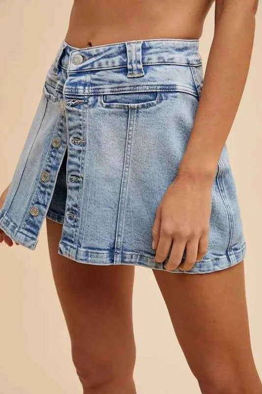 Annie Wear Button Detail Stretch Denim Wrap Mini Skort Annie Wear Button Detail Stretch Denim Wrap Mini Skort