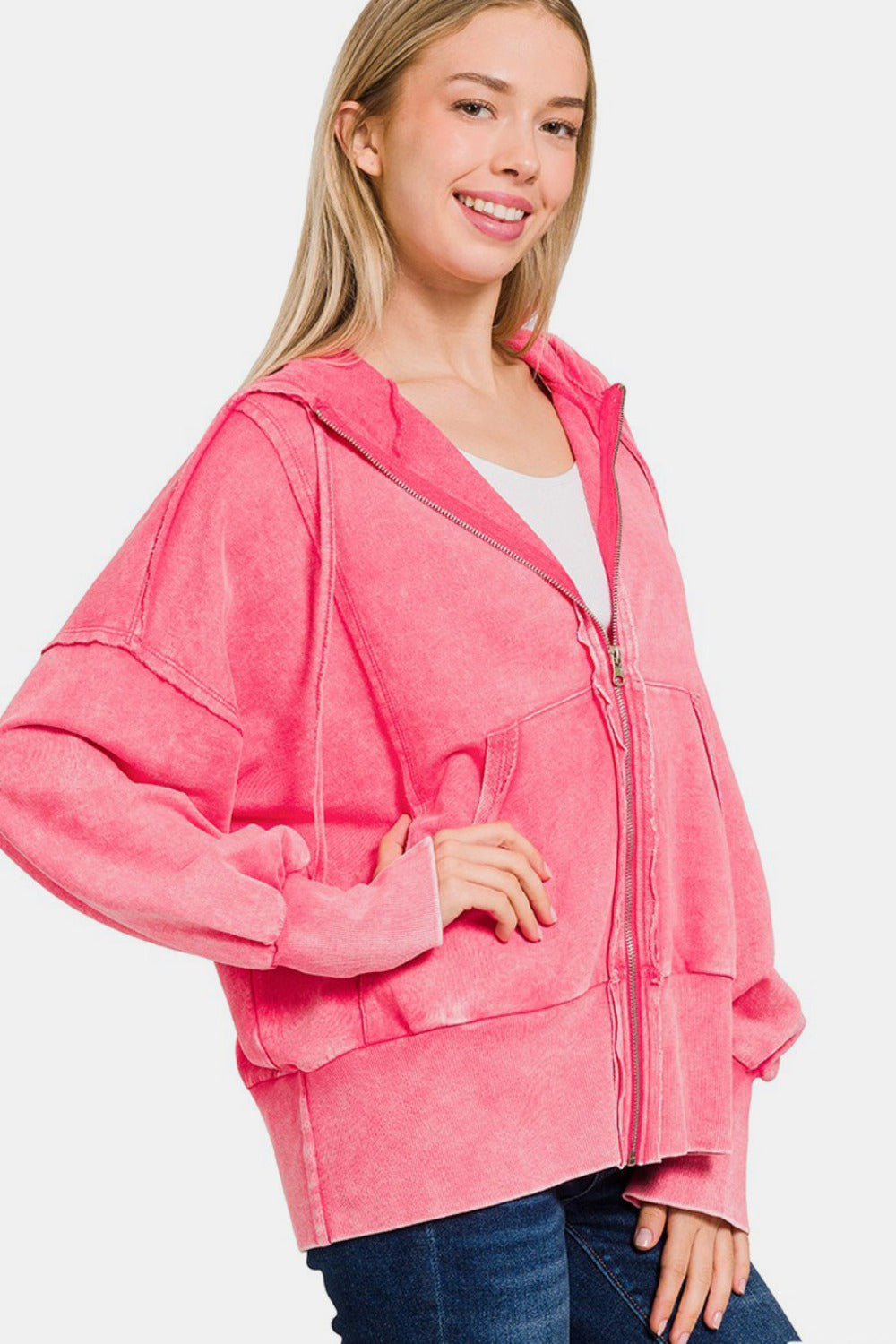 Zenana Acid Washed French Terry Zip-Up Hoodie with Pockets Zenana Acid Washed French Terry Zip-Up Hoodie with Pockets
